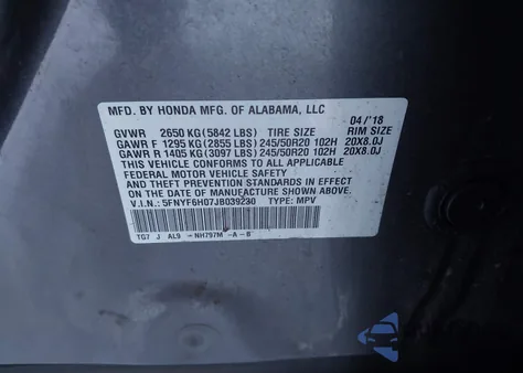 2018 Honda Pilot Elite из США, поврежденный, VIN 5FNYF6H07JB039230